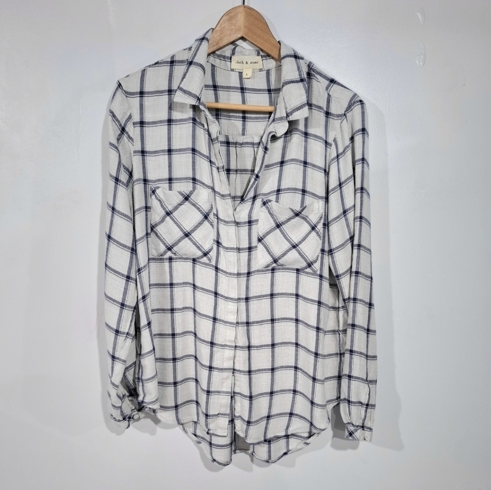 Anthropologie Cloth and Stone Plaid Button Down Shirt Long Sleeve Doble Pocket L